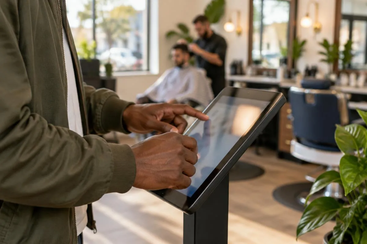 Close-up of a customer’s hands using a tablet at the shop entrance.