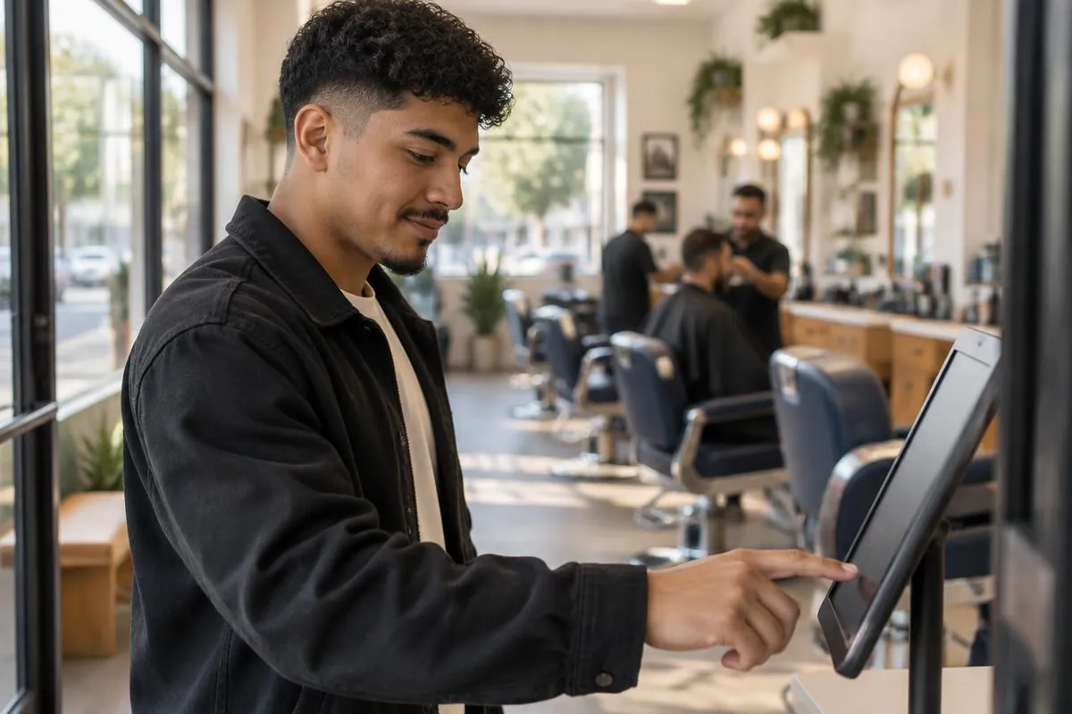 A customer tapping the check-in tablet at a bright barbershop entrance.