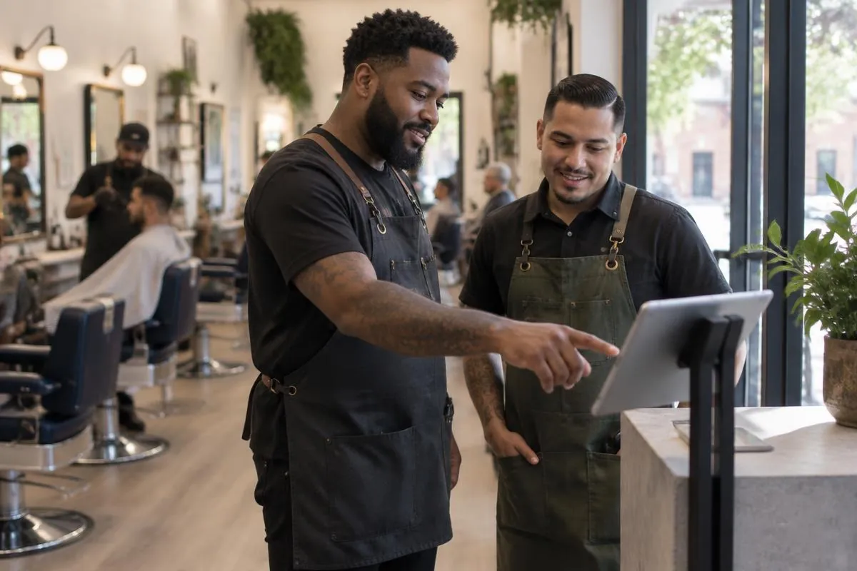 Two barbers calmly checking the tablet at the front of a busy barbershop.