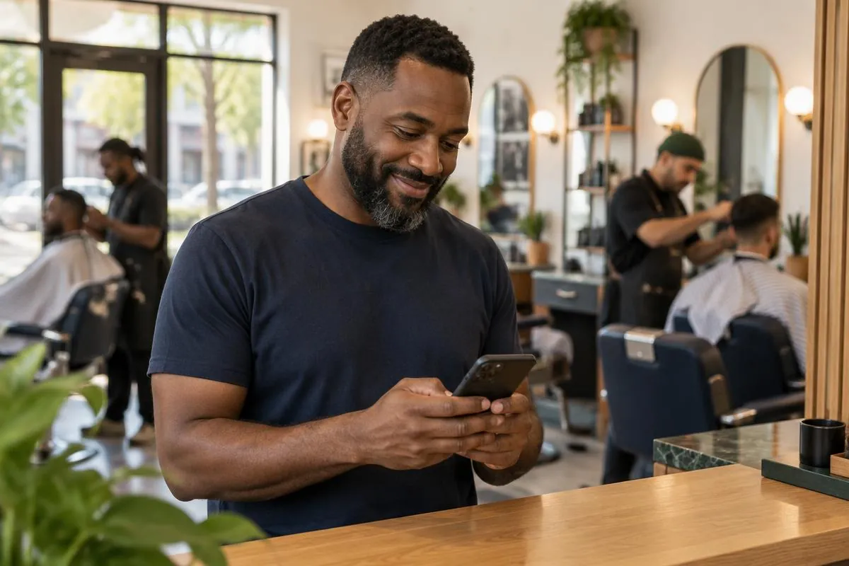 A relaxed shop owner looking at his phone with barbers working behind him.
