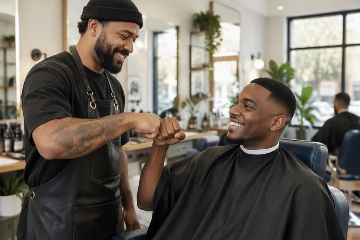 A smiling regular with a fresh fade fist-bumping his barber.